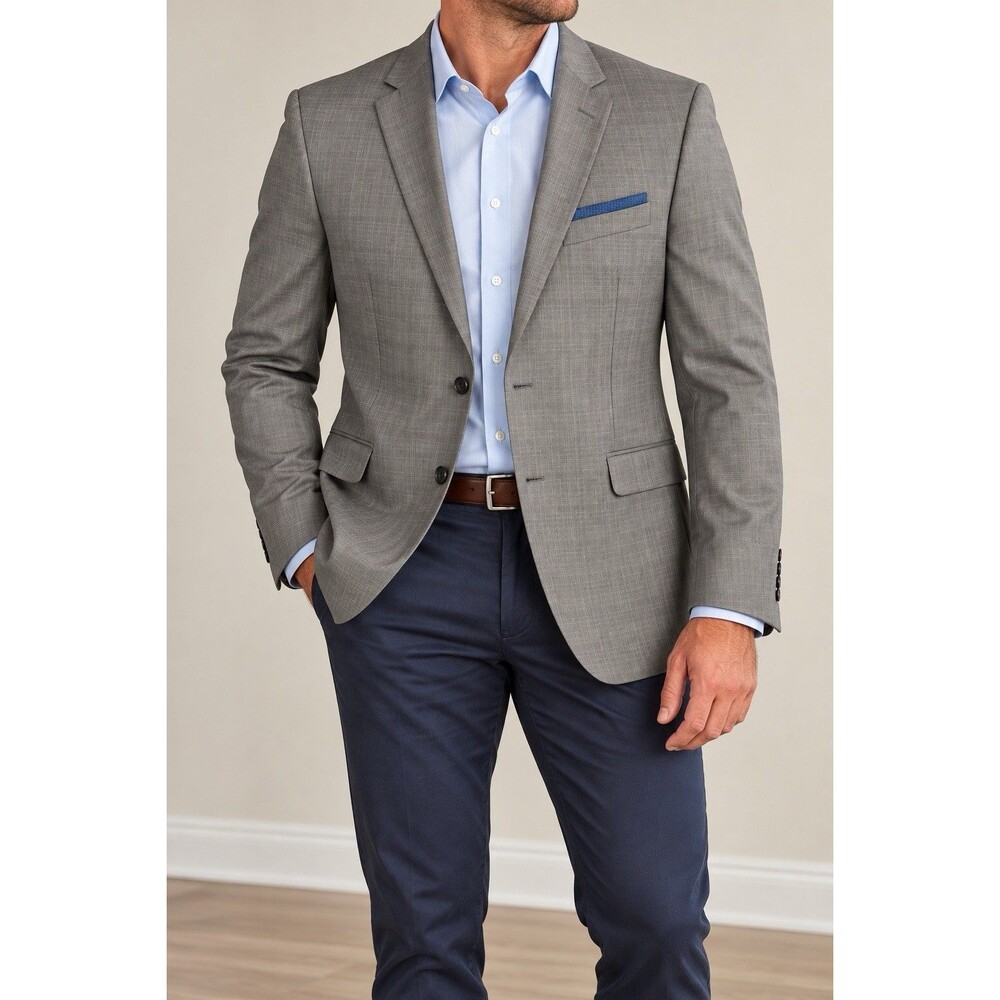 Billy London Menās Blazer 42S Gray Plaid 2 Button Sport Coat Blue Accent
